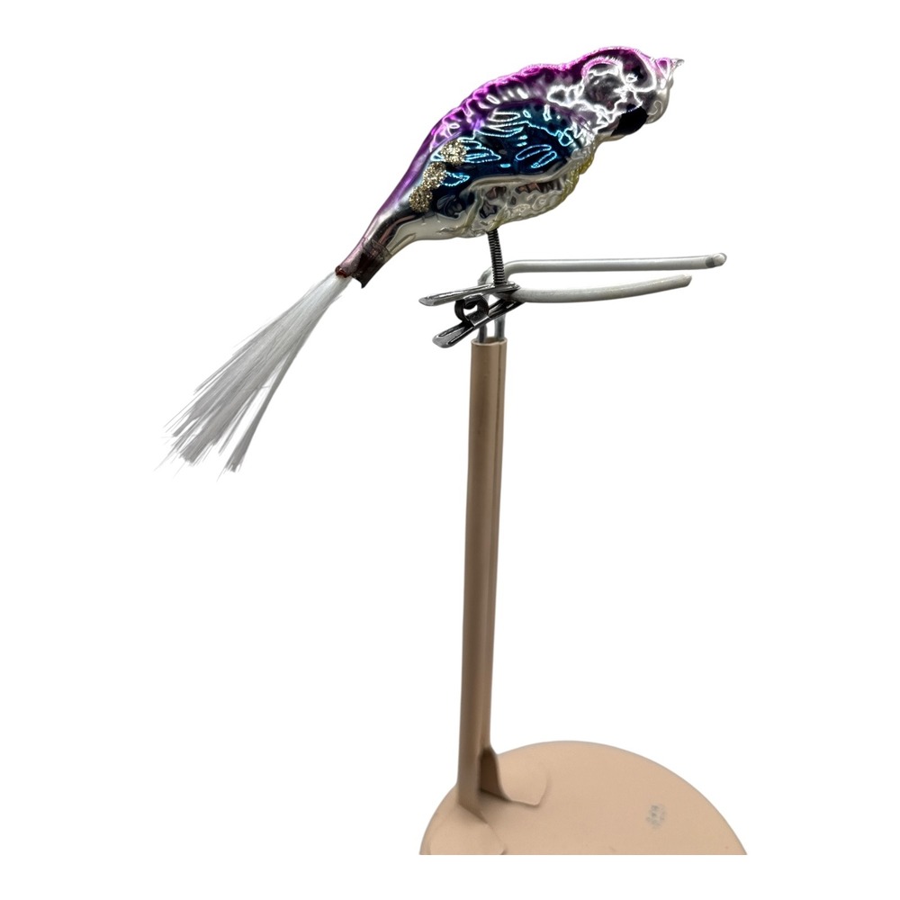 Vintage German Blown Glass Bird‎ Clip On Ornament Pink Blue Yellow Spun Tail